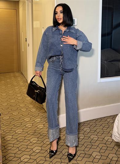 Ativa Taş Detaylı Denim Takım Mavi