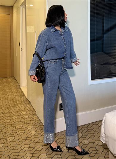 Ativa Taş Detaylı Denim Takım Mavi