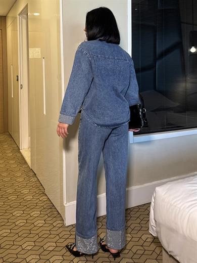 Ativa Taş Detaylı Denim Takım Mavi
