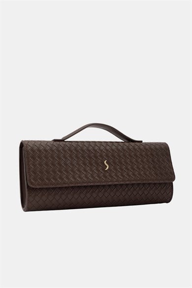 Aurelia Clutch - Kadın Clutch Çanta Örgü Dokulu Zarif El Çantası Kahverengi