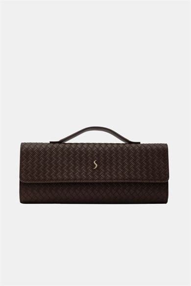 Aurelia Clutch - Kadın Clutch Çanta Örgü Dokulu Zarif El Çantası Kahverengi