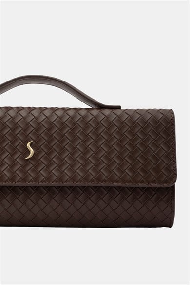 Aurelia Clutch - Kadın Clutch Çanta Örgü Dokulu Zarif El Çantası Kahverengi