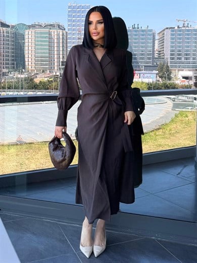 Bahra Gold Kemer Detaylı Elbise Kahve