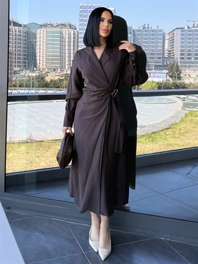 Bahra Gold Kemer Detaylı Elbise Kahve