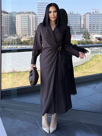 Bahra Gold Kemer Detaylı Elbise Kahve