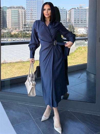 Bahra Gold Kemer Detaylı Elbise Lacivert