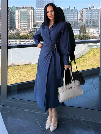 Bahra Gold Kemer Detaylı Elbise Lacivert