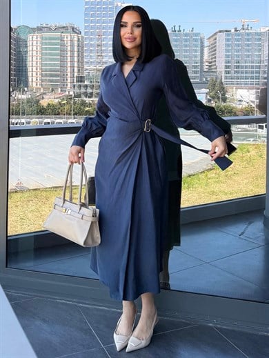 Bahra Gold Kemer Detaylı Elbise Lacivert