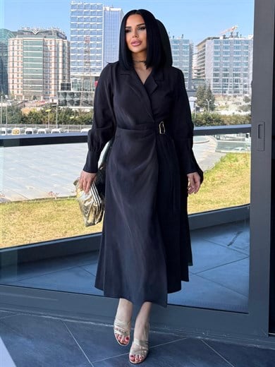 Bahra Gold Kemer Detaylı Elbise Siyah