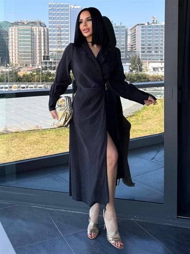 Bahra Gold Kemer Detaylı Elbise Siyah