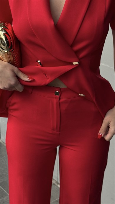 Beyras Gold Düğme Detaylı Takım Kırmızı