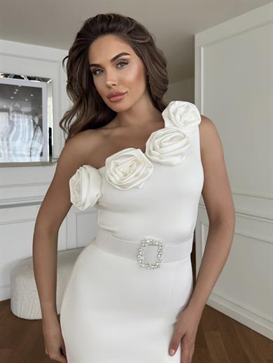 Beytie Taş Toka Detaylı Elbise Beyaz