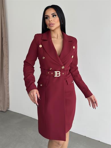 Blonger Gold Kemer Detaylı Elbise Bordo