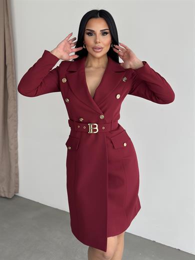 Blonger Gold Kemer Detaylı Elbise Bordo