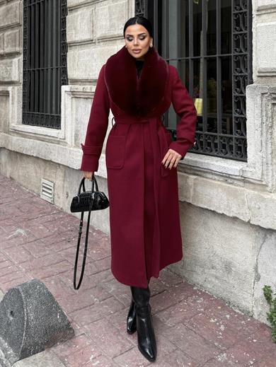 Brendas Kürk Yaka Kaşe Kaban Bordo