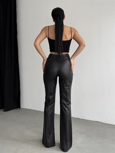 Carola Yırtmaç Detaylı Deri Pantolon Siyah