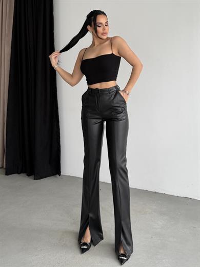 Carola Yırtmaç Detaylı Deri Pantolon Siyah