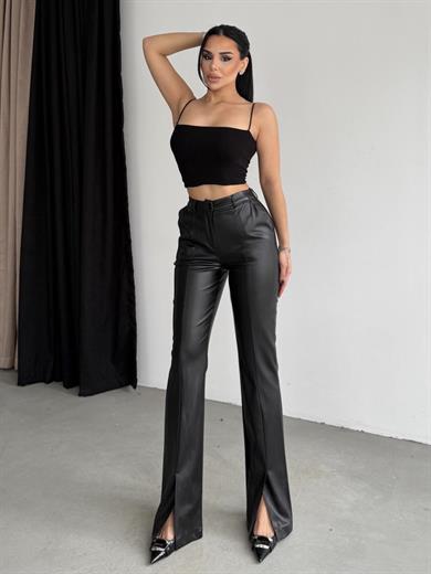 Carola Yırtmaç Detaylı Deri Pantolon Siyah