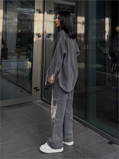 Cesia Taş İşleme Detaylı Denim Takım Gri