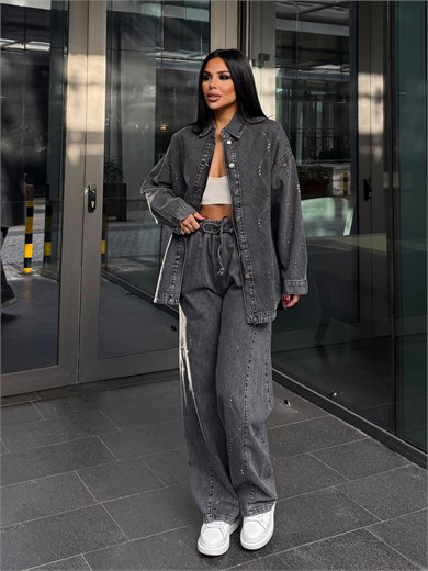 Cesia Taş İşleme Detaylı Denim Takım Gri