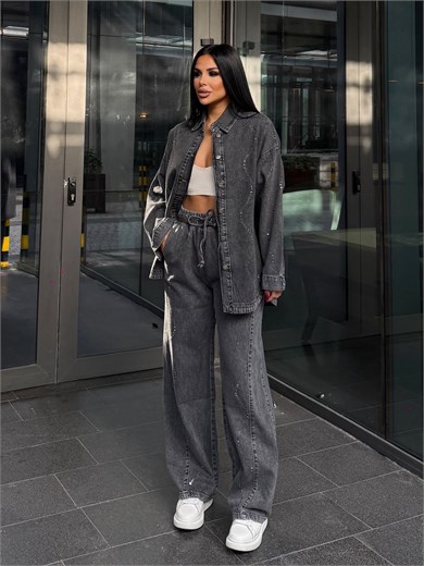 Cesia Taş İşleme Detaylı Denim Takım Gri