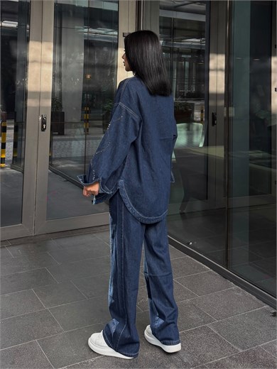 Cesia Taş İşleme Detaylı Denim Takım Lacivert