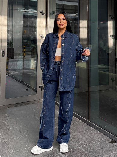 Cesia Taş İşleme Detaylı Denim Takım Lacivert