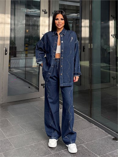 Cesia Taş İşleme Detaylı Denim Takım Lacivert