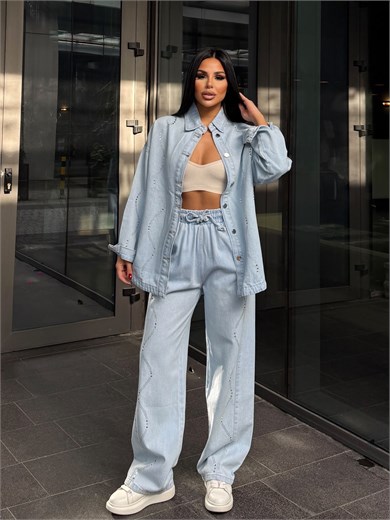 Cesia Taş İşleme Detaylı Denim Takım Mavi