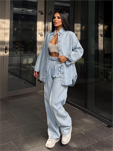 Cesia Taş İşleme Detaylı Denim Takım Mavi