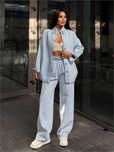 Cesia Taş İşleme Detaylı Denim Takım Mavi