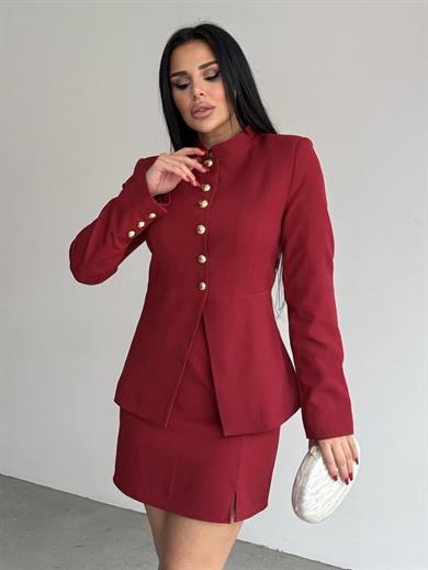 Dantes Gold Düğme Detaylı Etekli Takım Bordo