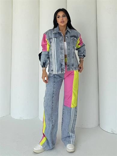 Delita Paraşüt Detaylı Denim Takım Pembe