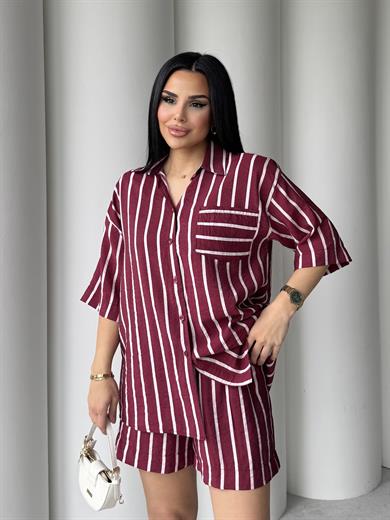 Della Çizgili Şortlu Takım Bordo