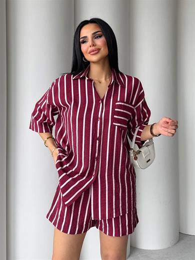 Della Çizgili Şortlu Takım Bordo