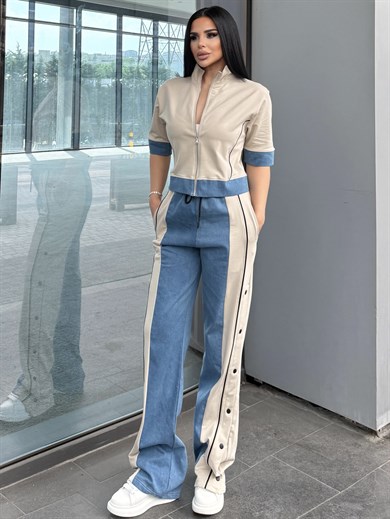 Denisa Denim Detaylı Spor Takım Bej