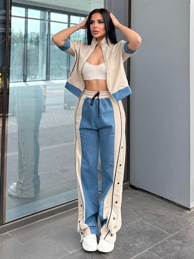 Denisa Denim Detaylı Spor Takım Bej