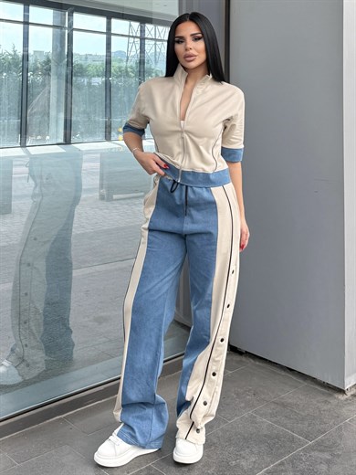 Denisa Denim Detaylı Spor Takım Bej