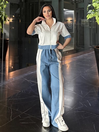 Denisa Denim Detaylı Spor Takım Beyaz