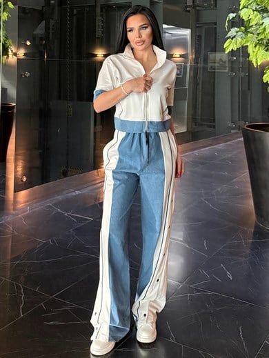 Denisa Denim Detaylı Spor Takım Beyaz