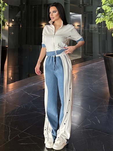 Denisa Denim Detaylı Spor Takım Beyaz