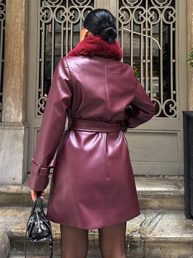 Dina Kürk Detaylı Deri Kısa Kaban Bordo