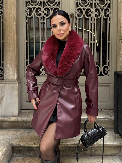 Dina Kürk Detaylı Deri Kısa Kaban Bordo