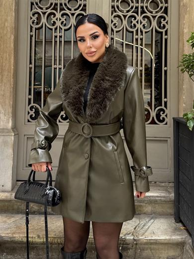 Dina Kürk Detaylı Deri Kısa Kaban Haki