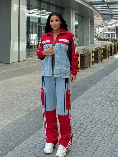 Diras Paraşüt Detaylı Denim Takım Kırmızı