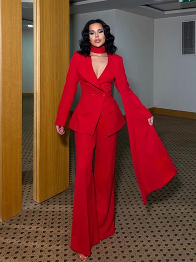 Divanes Fular Detaylı Tasarım Takım Kırmızı