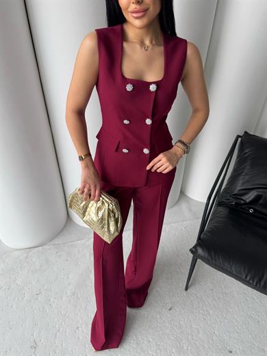Elanor Yelekli Taşlı Takım Bordo