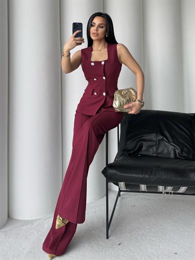 Elanor Yelekli Taşlı Takım Bordo