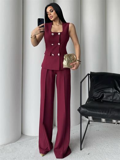 Elanor Yelekli Taşlı Takım Bordo