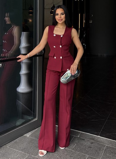 Elanor Yeleklı Taşlı Takım Bordo